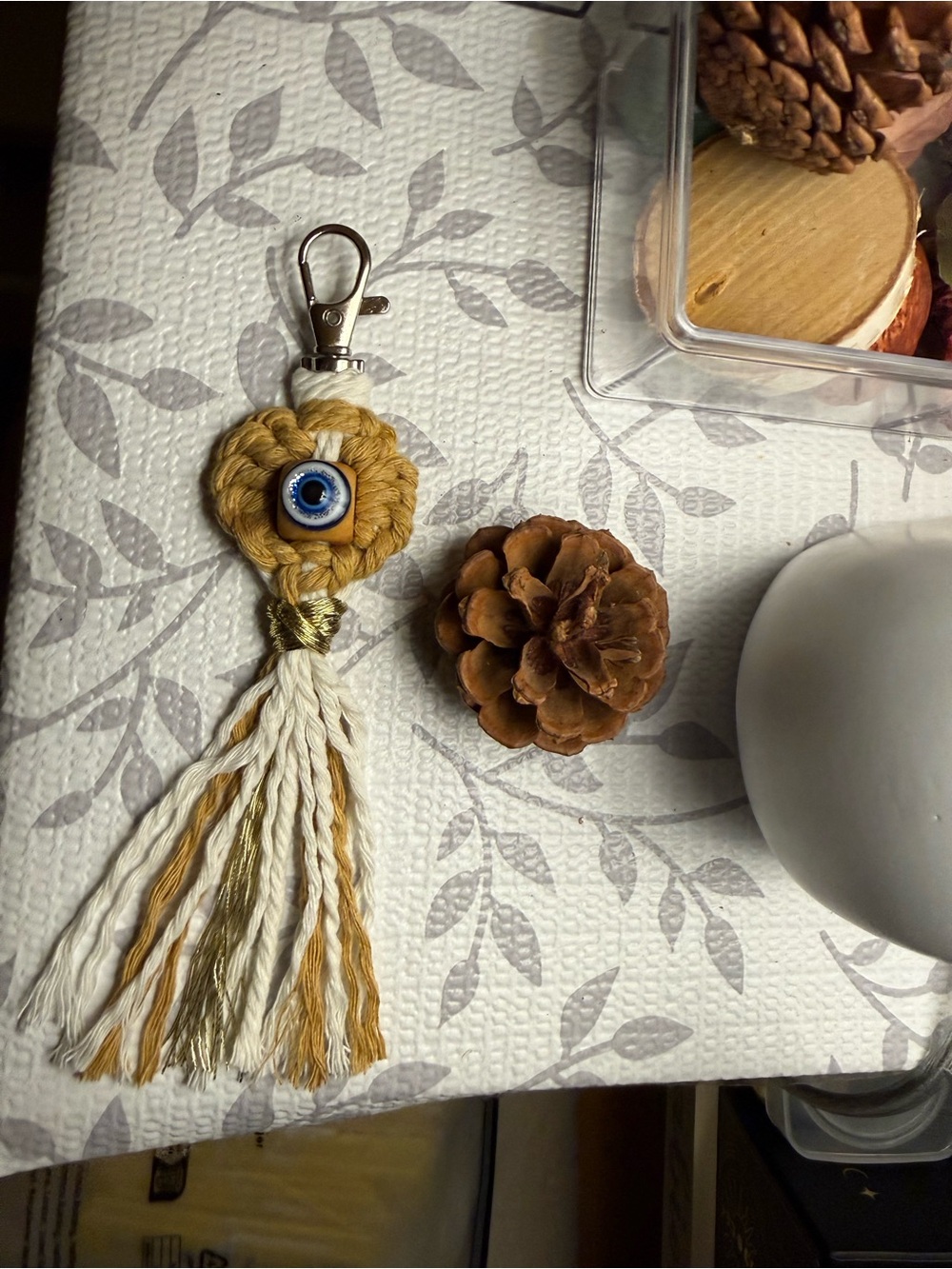 Handmade Mustard and Cream Evil Eye Tassel Keychain - Unbranded